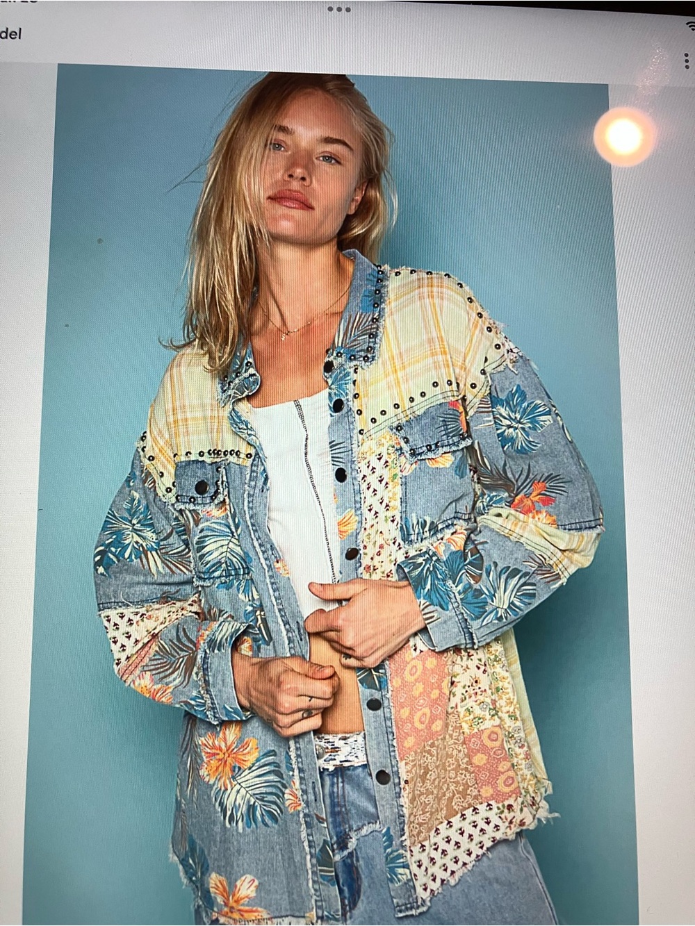 POL Patchwork Floral Denim Button-Down Jacket in Blue, Yellow, Cream studded